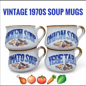 SET OF 4 Vintage 1970s Stoneware Soup Mugs CHICKEN - ONION - TOMATO - VE…